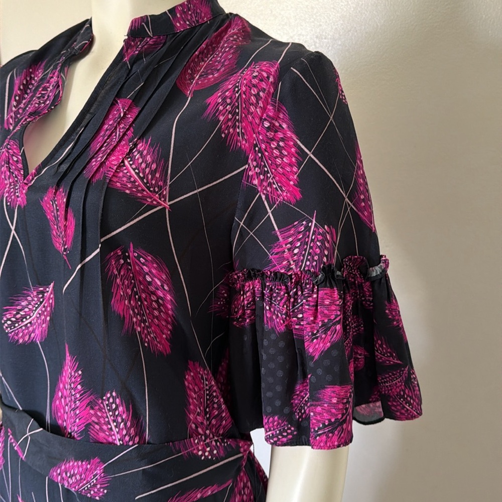Reiss Marsali Belted Feather Print Dress Bell Sleeves Ruffled Hem Sz 4 - Picture 3 of 15